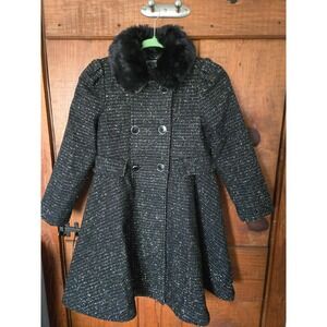 ROTHSCHILD- Girls Black Gold Metallic Tweed Pea Coat Faux Fur Collar Size 10-12